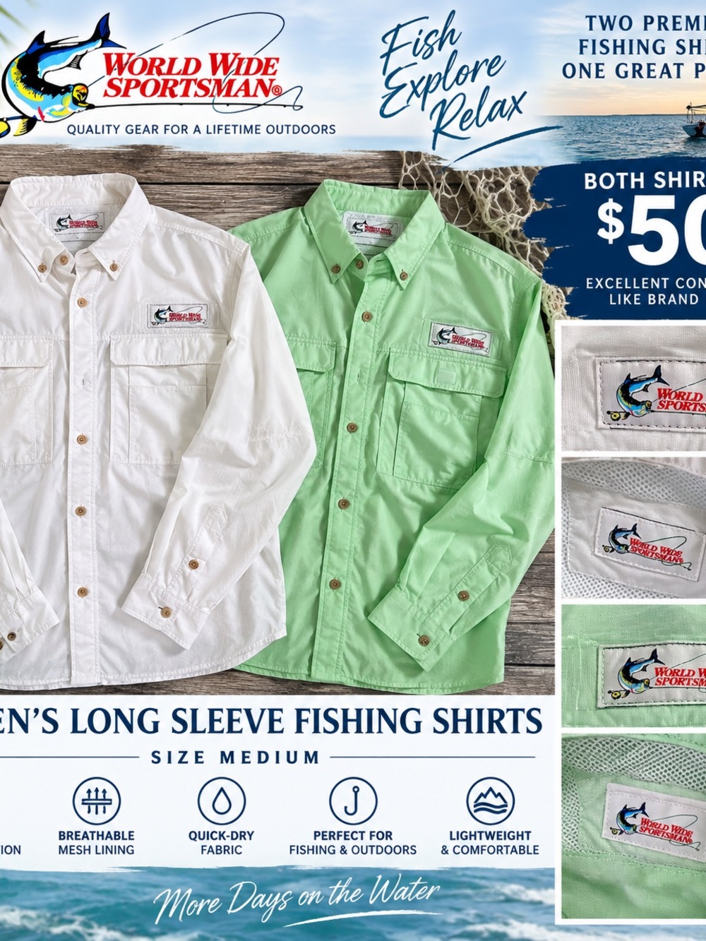 World Wide Sportsman Lightweight Long Sleeve Shirt Jacket - White & Light Green